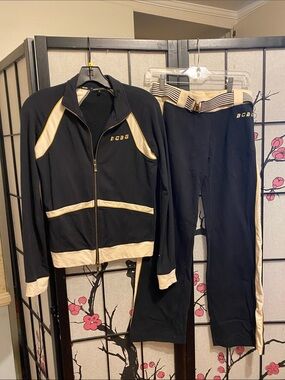 BCBG Black and Cream Zip-Front Track Jacket with Gold Accents